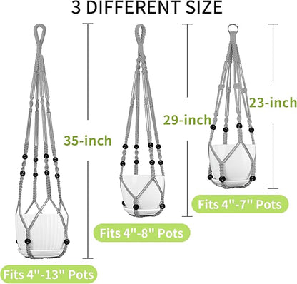 Macrame Plant Hanger - Fits 4 to 13 inches Pots for Indoor Outdoor, 35"/29"/23" Different Sizes Set, Gray (POTS NOT Included)