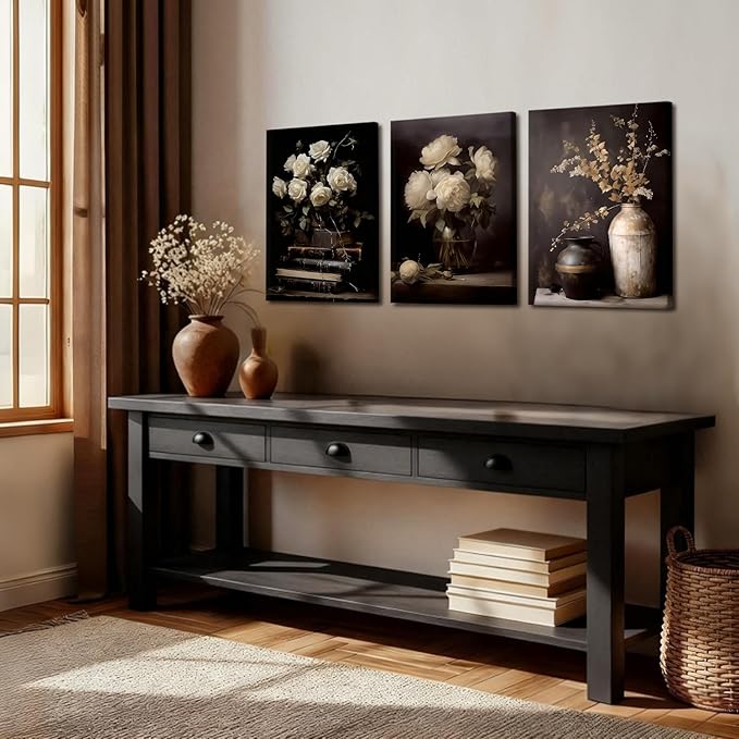 Kdyudo 3 pcs Vintage Moody Floral Book-Framed Canvas Wall Art, Dark Mood Still Life Floral Print Paintings Vase Rose Plant Farmhouse Decor, Dark College Posters, Kitchen, Bedroom, Office, 12x16 inch