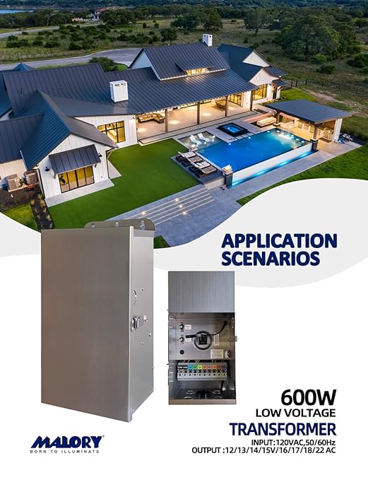 MALORY 600W Low Voltage Transformer with Timer & Photocell for Landscape Lighting,120V AC to 12/13/14/15/16/17/18/22V Multi-Tap Power Supply for Outdoor Landscape Lights,Yard Lights,Garden Lights