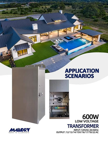 MALORY 600W Low Voltage Transformer with Timer & Photocell for Landscape Lighting,120V AC to 12/13/14/15/16/17/18/22V Multi-Tap Power Supply for Outdoor Landscape Lights,Yard Lights,Garden Lights