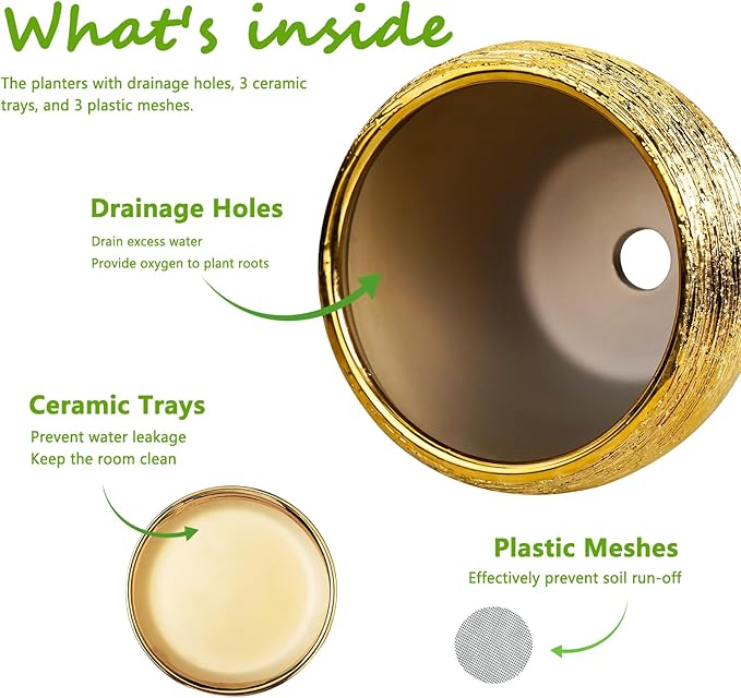 Flower Pots for Indoor & Outdoor Plants - Ceramic Pots 10 Inch, 8 Inch, 6 Inch with Drainage Holes, Saucers - Decorative Large Planters Set of 3 Gold