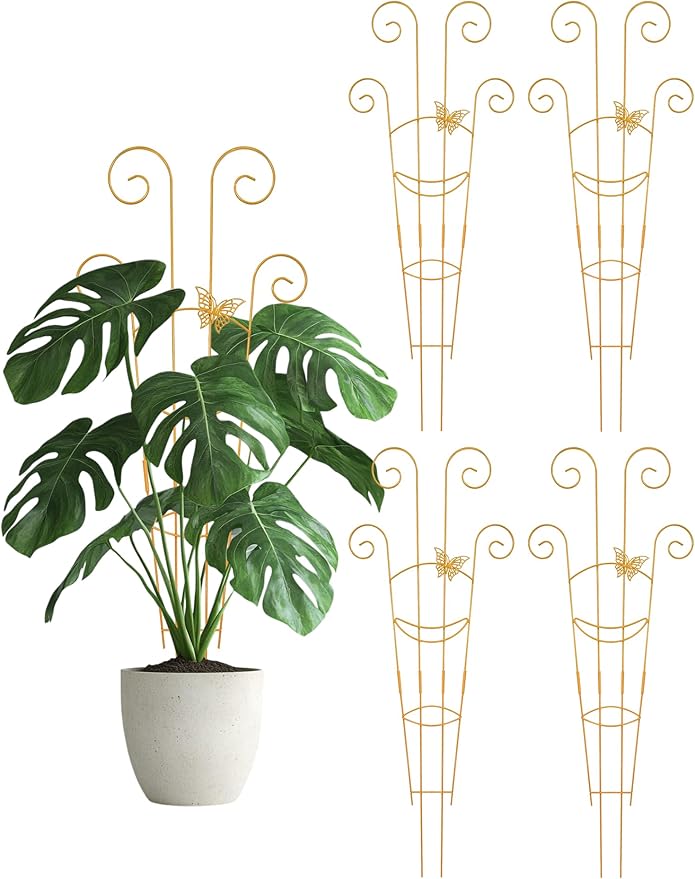4 Pcs Metal Butterfly Indoor Plant Trellis for Climbing Plants, 30" Expandable Garden Support for Potted Plants Outdoor, Houseplant Climber for Ivy Pothos Monstera Hoya Flower (Gold)