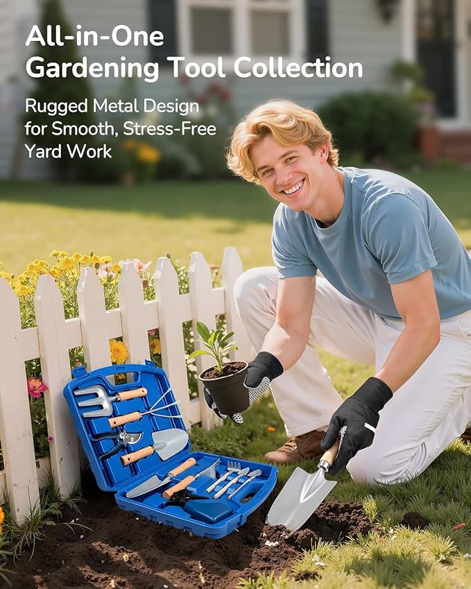 12-Piece Gardening Tool Set for Men, Rust-Proof & Heavy-Duty Hand Garden Tools with Sturdy Blue Carrying Case, Practical & Stylish Gardening Gifts for Men (Blue)