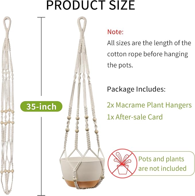 Macrame Plant Hanger - Fits 4 to 13 inches Pots for Indoor Outdoor, 35 Inch, Set of 2, Ivory (POTS NOT Included)