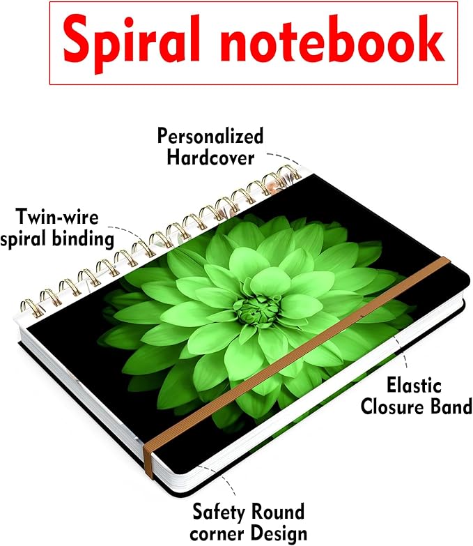 Spiral Journal Notebook for Women, Hardcover A5 College Ruled Notebook, 120 Pages, Thick Paper, Cute Lined Journal for School, Office & Work, 6 x 8.4 in(Watercolor Green Flower)