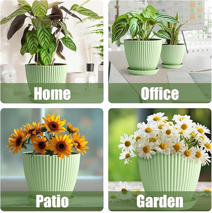 BTPLASTIK Multi-Size Planters - 7.5/6.5/5.5/4.9/4.2/3.5 Inches Plant Pots with Drainage Holes and Saucers, Plastic Flower Pots for Indoor Outdoor Plants (Green)