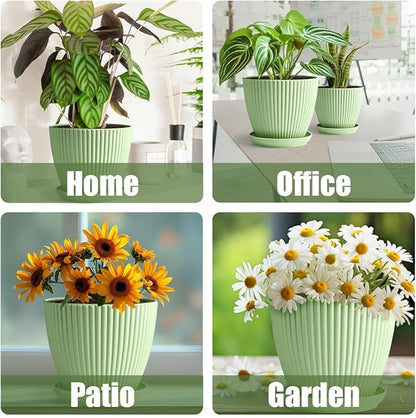 BTPLASTIK Multi-Size Planters - 7.5/6.5/5.5/4.9/4.2/3.5 Inches Plant Pots with Drainage Holes and Saucers, Plastic Flower Pots for Indoor Outdoor Plants (Green)