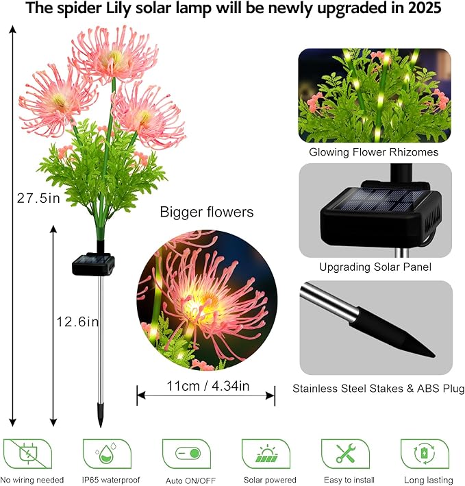 Solar Garden Flower Lights Outdoor,4 Pack 12-Head Pink Spider Lily Waterproof with Glowing Stems,Elegant Yard & Patio Decor,Ideal Valentine's,Thanksgiving & Gardening Gifts for Women,mothers & Grandma