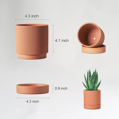 Small Modern Terracotta Pots, 4.2 Inch Ribbed Textured Clay Planter Pots with Drainage Hole & Saucer, Garden Pots for Indoor Plants Succulent, Cacti & Fern, Set of 2