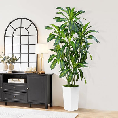 Dracaena Plant Artificial Tree 6Ft Tall Fake Tropical Floor Plants Potted (Real Touch) Artificial Silk Tree Leaf Faux Trees White Tall Planter for Home Office Living Room Indoor Outdoor Decor
