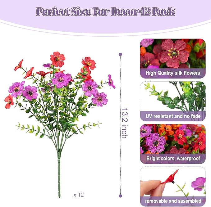Artificial Fake Mums Flowers for Outdoor Fall Decor,12 Bundles Faux Flowers Plants Silk Daisy for Planter Pot Colorful UV Resistant Look Real for Front Door Porch Patio Outside Yard
