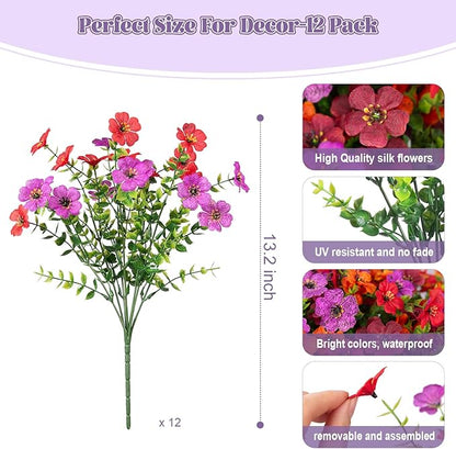 Artificial Fake Mums Flowers for Outdoor Fall Decor,12 Bundles Faux Flowers Plants Silk Daisy for Planter Pot Colorful UV Resistant Look Real for Front Door Porch Patio Outside Yard