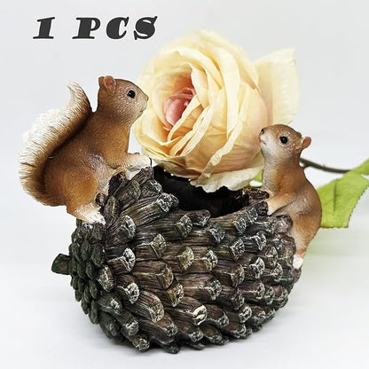 Cute Animals Planter Pot, Resin Squirrel Succulent Plant Flowerpot, Decorative Succulent Plant Planter, Lovely Pinecone Bonsai for Office Desk Room Home Indoor Decor