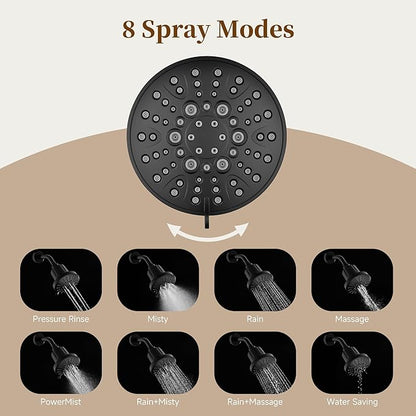 BRIGHT SHOWERS Filtered Shower Head, High Pressure Fixed Showerhead for Hard Water, Dual-Media Filter Removes Chlorine & Impurities, 8 Spray Modes, Matte Black
