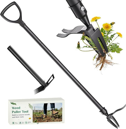 Weed Puller Tool, 2-in-1 Stand Up Heavy Duty Root Removal Tool with 4 Claw Head & Rake, Effortless Root Puller for Dandelion & Weeds, No Bending or Kneeling, Garden Tool for Lawn & Yard Care