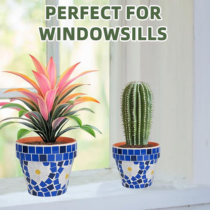 VOREEN Mosaic Terracotta Plant Pots, 2 Pack Handmade Glass Mosaic & Clay Flower Pots with Drainage Plug, Decorative Indoor Outdoor Planter Set for Home Decor, Windowsill, Balcony & Patio