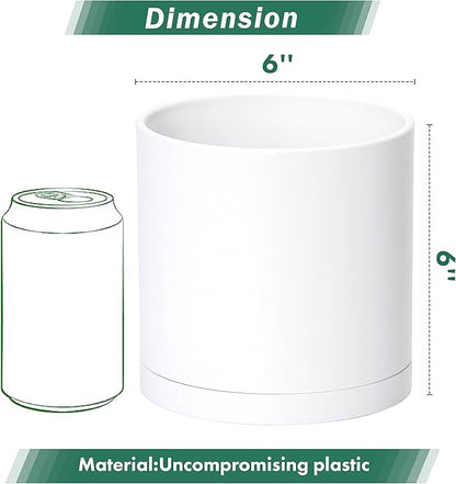 D'vine Dev 4 Pack 6 Inch Modern Plastic Plant Pots, Small Garden Planters for Plant with Drainage Holes and Saucers, White Color, 74-Z-J-2