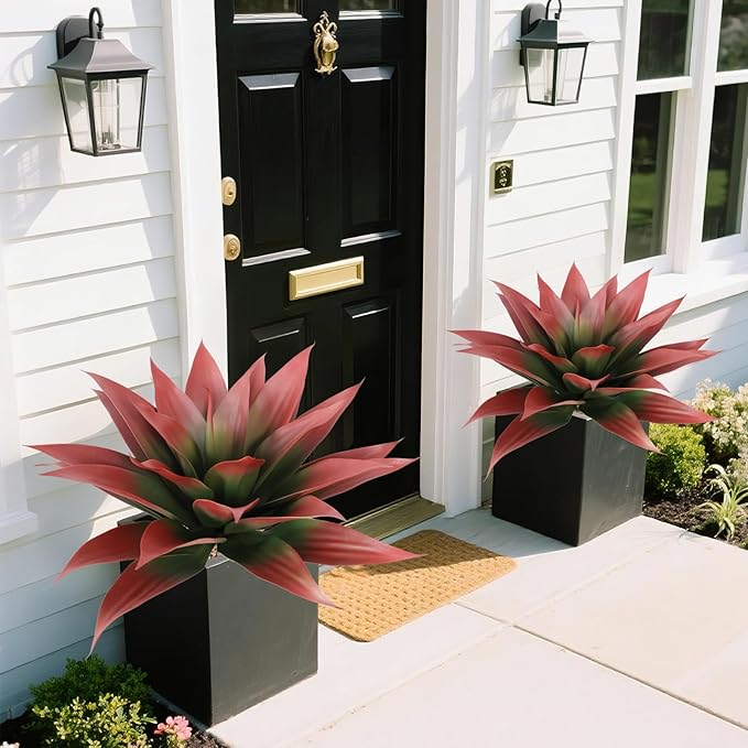 Faux Agave Plant Outdoor, 28 inch Lagre Artificial Succulents Stems, Fake Agave Plants for Home Decor (2Pack, Red)