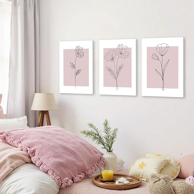 WRFON Pink Line Flower Canvas Wall Art, Light Pink Botanical Aesthetic Pictures, Minimalist Black Line Floral Poster Prints, Abstract Plants Wall Decor for Girls' Room Apartment Framed 12"x16"x3