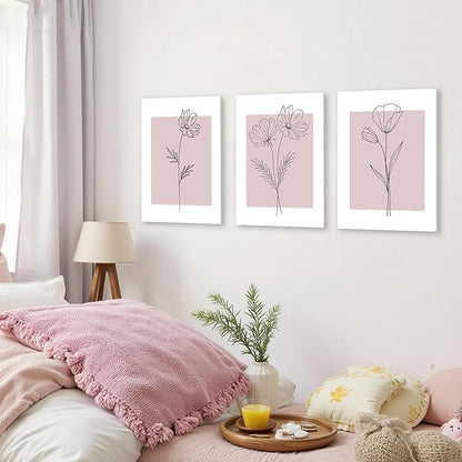 WRFON Pink Line Flower Canvas Wall Art, Light Pink Botanical Aesthetic Pictures, Minimalist Black Line Floral Poster Prints, Abstract Plants Wall Decor for Girls' Room Apartment Framed 12"x16"x3