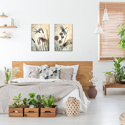 LoveHouse Dragonfly Wall Art Vintage Insect Painting Pictures Prints Beige Dandelion on Canvas Artwork