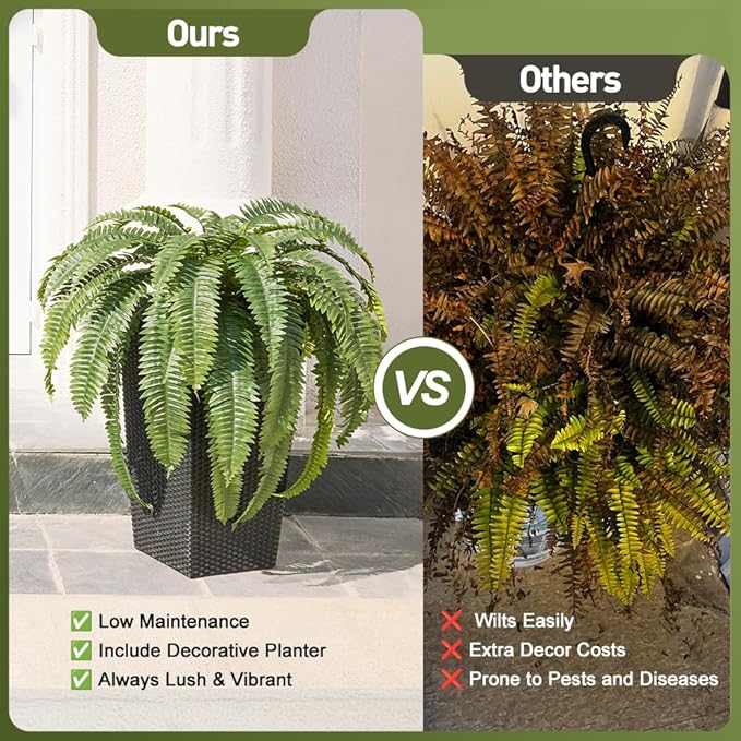 48" Boston Ferns Artificial Outdoor Plants - 39 Fronds UV Resistant Faux Greenery with Taper Planter- Realistic Fake Bushes Front Porch Decor for Garden, Patio, Indoors - Set of 2, VN153