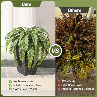 48" Boston Ferns Artificial Outdoor Plants - 39 Fronds UV Resistant Faux Greenery with Taper Planter- Realistic Fake Bushes Front Porch Decor for Garden, Patio, Indoors - Set of 2, VN153