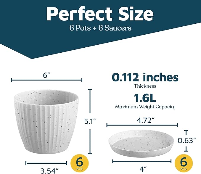 White Gray 6-Inch Plant Pots with Drainage & Saucers 6 Pack, Indoor & Outdoor Planters for Houseplants, Herbs, and Flowers, Durable & Weatherproof Material, Stackable, Lightweight, Minimalist Design