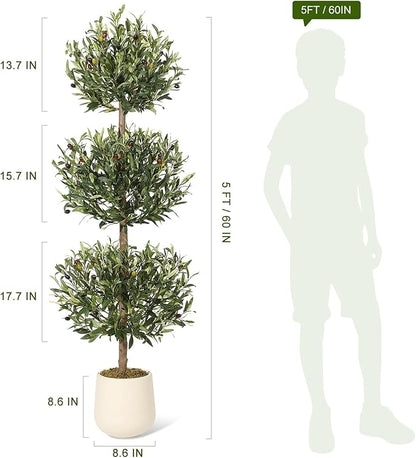 5 ft Artificial Olive Tree, Triple Ball Topiary Faux Plant with Moss & Pot, Outdoor Indoor Realistic Fake Shrubs Trees, Round Bushes Fake Shrubs Potted for Home Offices Porch Decor, Set of 2