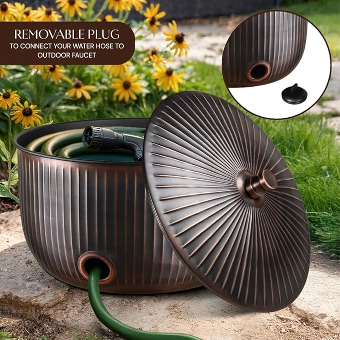 Monarch Abode Garden Hose Holder with Lid – Decorative Water Hose Holders for Outside, Ridge Embossed Metal Antique Copper Pot with Drainage, 100ft Waterhose Holder for Outside, Garden Storage Caddy