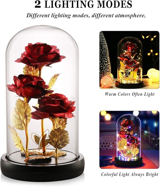 Womens Gift for Christmas Birthday Gift,Christmas Rose Gifts for Women,Galaxy Flower Rose with 2 Light Modes,Colorful Crystal Flower Enchanted Rose in Glass Dome,Xmas Gifts for Mom Wife Girlfriend