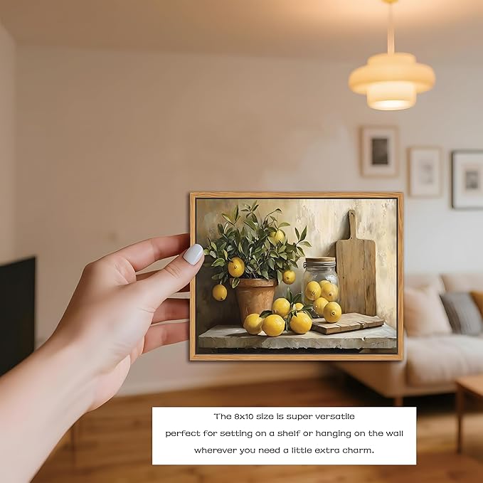 Floating Framed Vintage Kitchen Wall Art, Yellow Lemon Still Life Wall Decor Oil Paintings, Rustic Farmhouse Artwork Canvas Posters Prints Pictures for Living Room Bedroom Home Decor 8x10 Inch