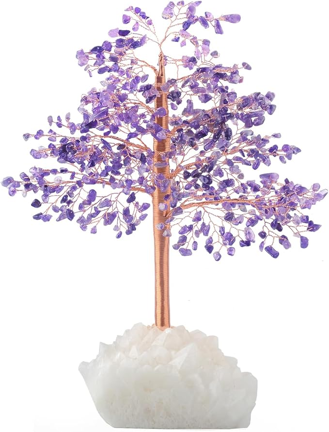 Natural Amethyst Gemstone Crystal Tree of Life, Clear Quartz Base, Chakra Money Bonsai Feng Shui, Positive Energy Healing Crystals Home Decor, Spiritual Gifts Size 10-11