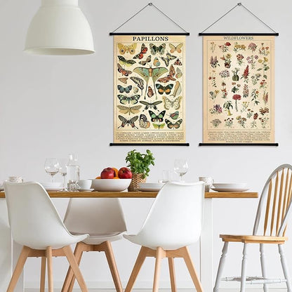 Geosar 2 Pcs Vintage Mushroom Flower Butterfly Tree Poster Fungus Rustic Wall Hanging Illustrative Reference Chart Poster for Bedroom Living Room, 15.7 x 23.6 Inch (Butterfly,Flower)