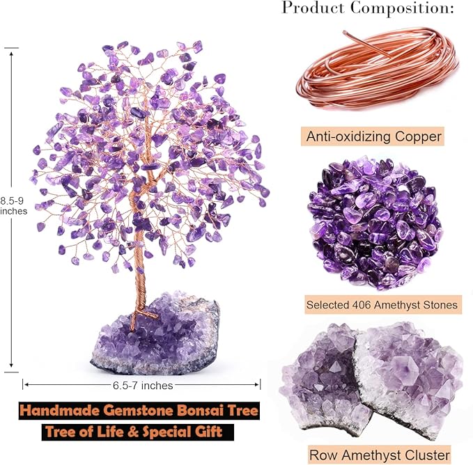 Natural Gemstone(406 Stone Count) Amethyst Crystal Tree of Life,Chakra Balancing Positive Enegy Fengshui Decor Bonsai Money Tree,Good Luck Spiritual Gift Height 8.5-9 Inches