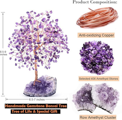 Natural Gemstone(406 Stone Count) Amethyst Crystal Tree of Life,Chakra Balancing Positive Enegy Fengshui Decor Bonsai Money Tree,Good Luck Spiritual Gift Height 8.5-9 Inches