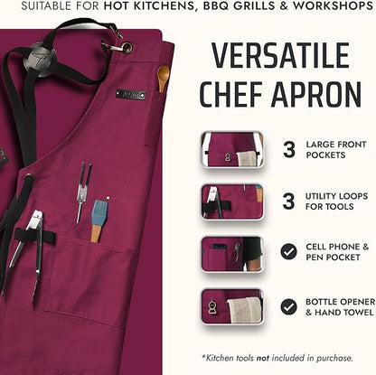 Asaya Chef and BBQ Apron with Bottle Opener and Hand Towel - 10oz Cotton Canvas, Stainless Steel Hardware - Cross Back Straps