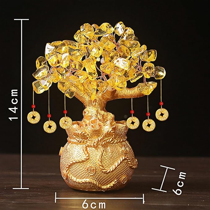 Green Aventurine Money Tree – Feng Shui Wealth Prosperity Golden Bag Bonsai Lucky Gemstone Home Office Decor (14cm Height)