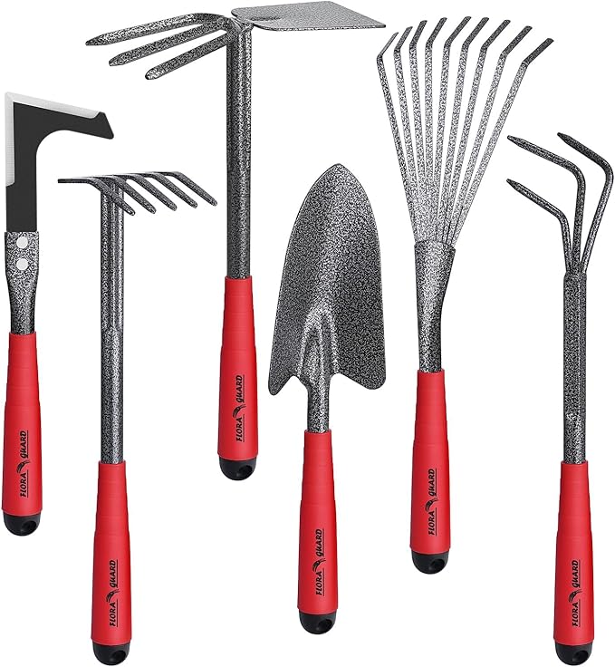 FLORA GUARD Garden Tool Set, 6-Piece Heavy Duty Gardening Hand Tools with Soft Rubber Handle, Includes Trowel, Rake, 2-in-1 Hoe & Crack Weeder, Durable Yard Tools, Essentials Garden Gift for Men Women
