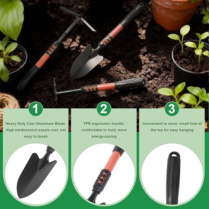 Garden Tool Set, 4 Pack Gardening Tools, Stainless Steel Heavy Duty Hand Cultivator, Hoes, Shovel, for Planting Weeding Digging, Gardening Gifts for Women,Orange