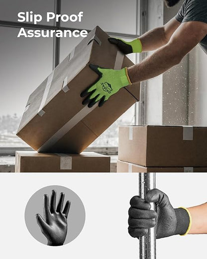 OKIAAS Work Gloves for Men, Ultra Thin and Lightweight Working Gloves with Grip, 12 Pairs Bulk Pack Construction Gloves with Polyurethane Coating for Light Duty Work (Green, X-Large)