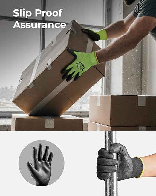 OKIAAS Work Gloves for Men, Ultra Thin and Lightweight with Grip, 12 Pairs Bulk Pack Construction Gloves with Polyurethane Coating, Safety Gloves for Light Duty Work (Green, Medium)