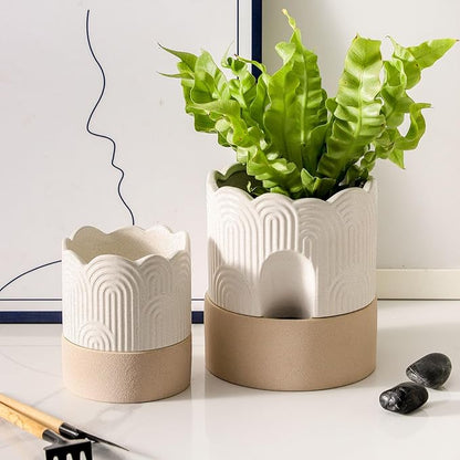 Nihow Self Watering Plant Pot: 4.5 Inch Ceramic Planter with Drainage Hole & Water Storage Plus for Indoor & Outdoor Plants - Cylinder Flower Pot for Herbs/Violets - Beige & Nature