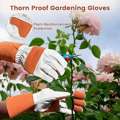 Gardening Gloves, Long Thorn Proof Garden Gloves for Women and Men, Goatskin Breathable Leather Work Gloves for Gardening, Pruning, Yard Work, Brown, M