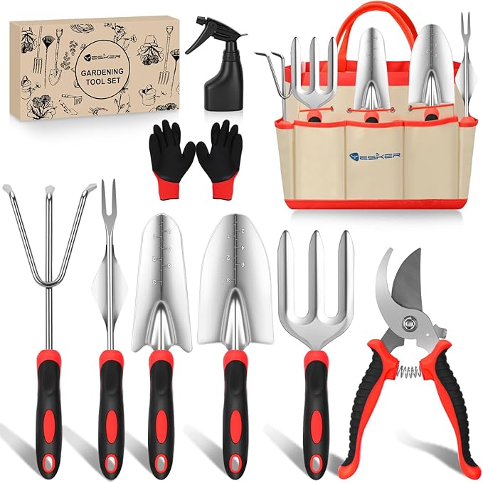Yesker Gardening Tools 9-Piece Heavy Duty Garden Tool Set Gardening Supplies Gifts for Women Men Gardening Hand Tool Kit with Non-Slip Ergonomic Handle, Garden Bag, Durable Gloves, Spray Bottle, Red