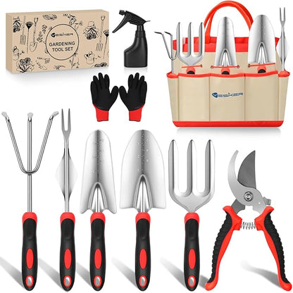 Yesker Gardening Tools 9-Piece Heavy Duty Garden Tool Set Gardening Supplies Gifts for Women Men Gardening Hand Tool Kit with Non-Slip Ergonomic Handle, Garden Bag, Durable Gloves, Spray Bottle, Red