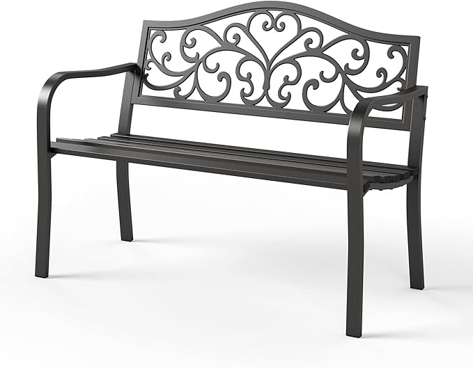 Sophia & William Outdoor Bench, Metal Garden Bench, Cast Iron Park Benches for Outside with Floral Design Backrest, Black