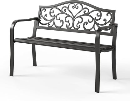 Sophia & William Outdoor Bench, Metal Garden Bench, Cast Iron Park Benches for Outside with Floral Design Backrest, Black