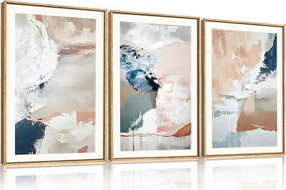 Large Abstract Brush Strokes Framed Canvas Wall Art,Neutral Navy Blue Wall Decor,Modern Pastel Wall Painting,Grey White Toned Artwork for Living Room,Bedroom,Dining Room,Office -16"x24"x3