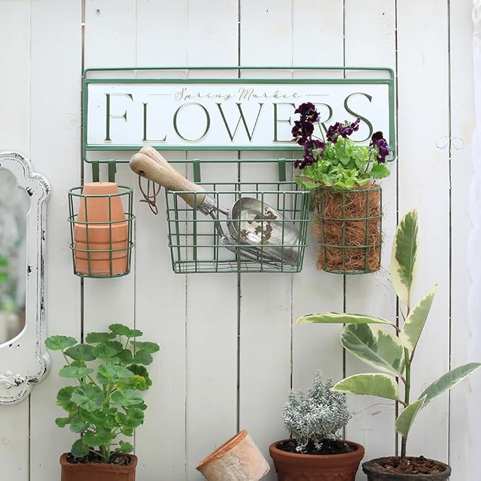 Vintage Metal Hanging Flower Pot Rustic Wall Mounted Planter Bucket 3 Basket Farmhouse Plants Holder with Detachable Hooks for Garden Railing Fence Patio Yard Outdoor Decor Green